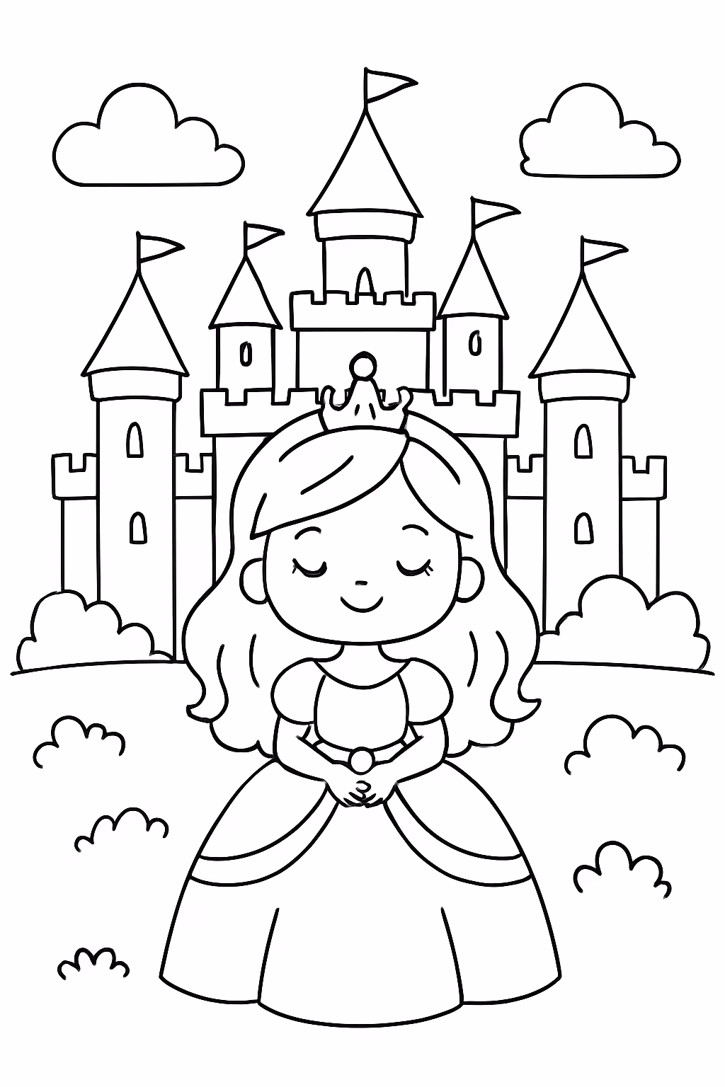 Castelo de princesa com a princesa na frente para colorir — desenho para imprimir