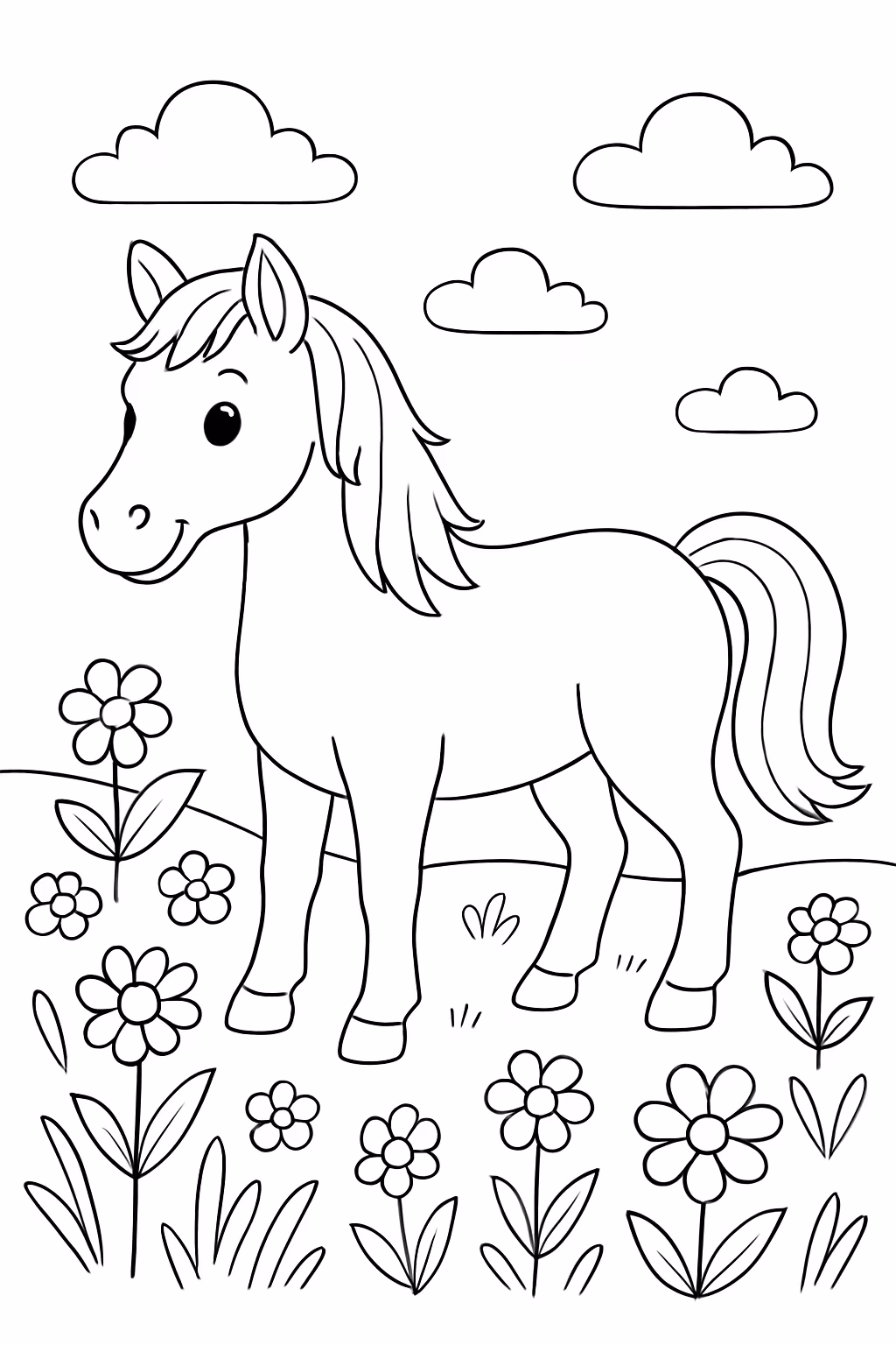 Cavalo campo florido para colorir — desenho para imprimir
