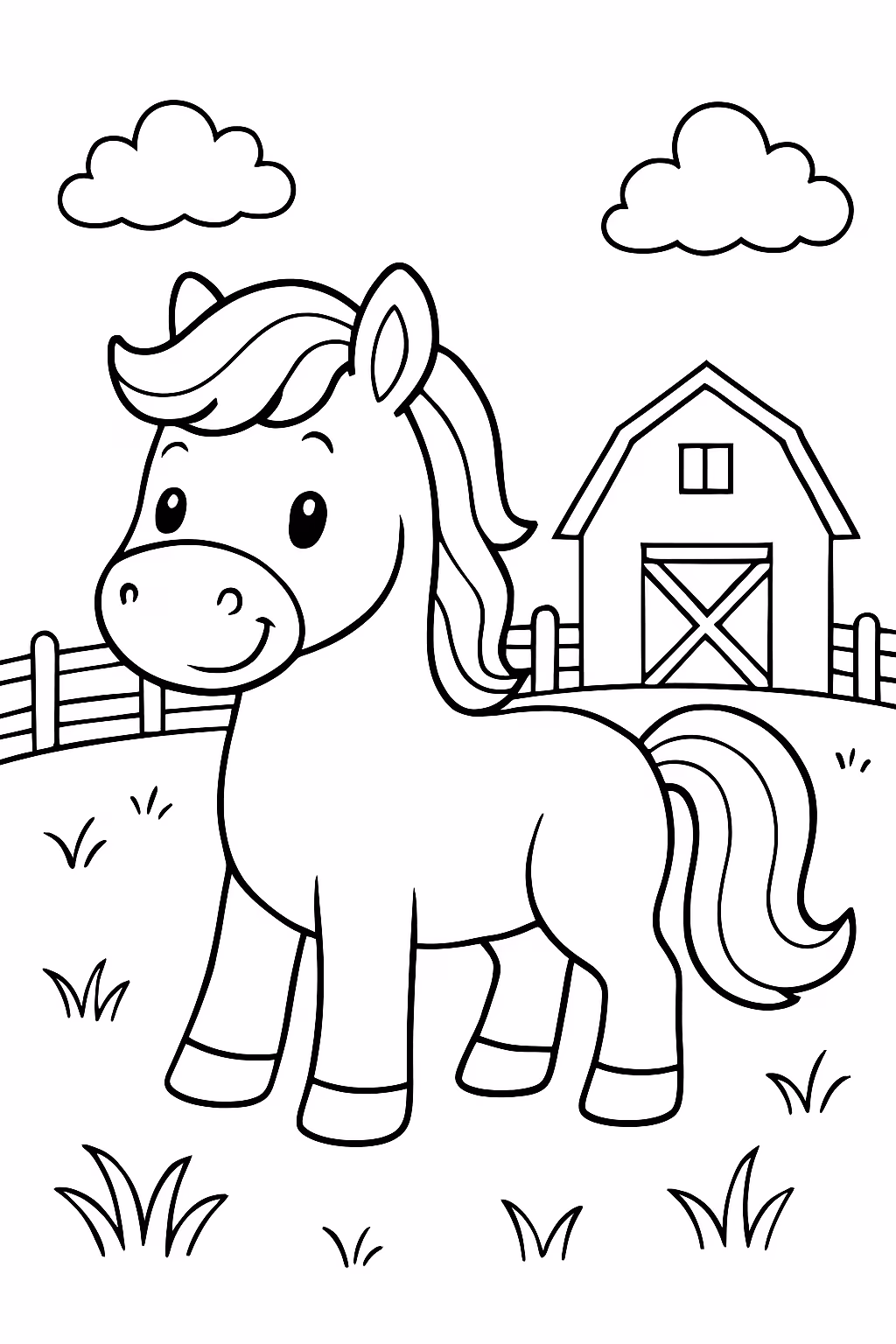 Cavalo fofo na fazenda para colorir — desenho para imprimir