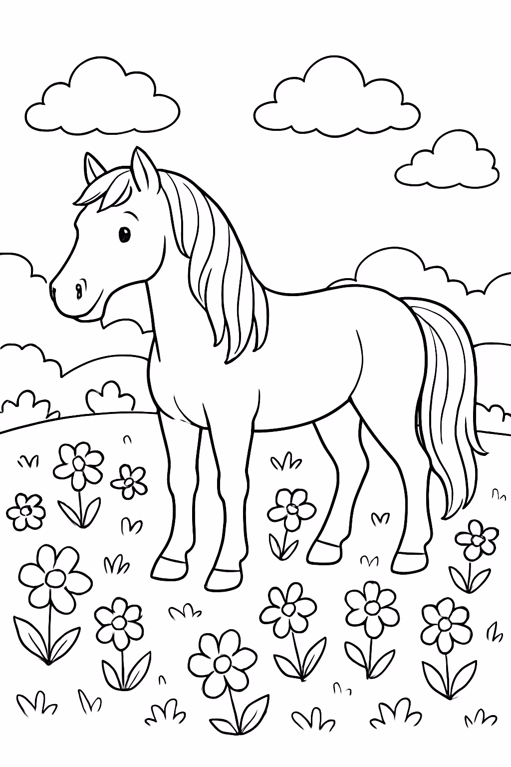 Cavalo realista campo florido para colorir — desenho para imprimir