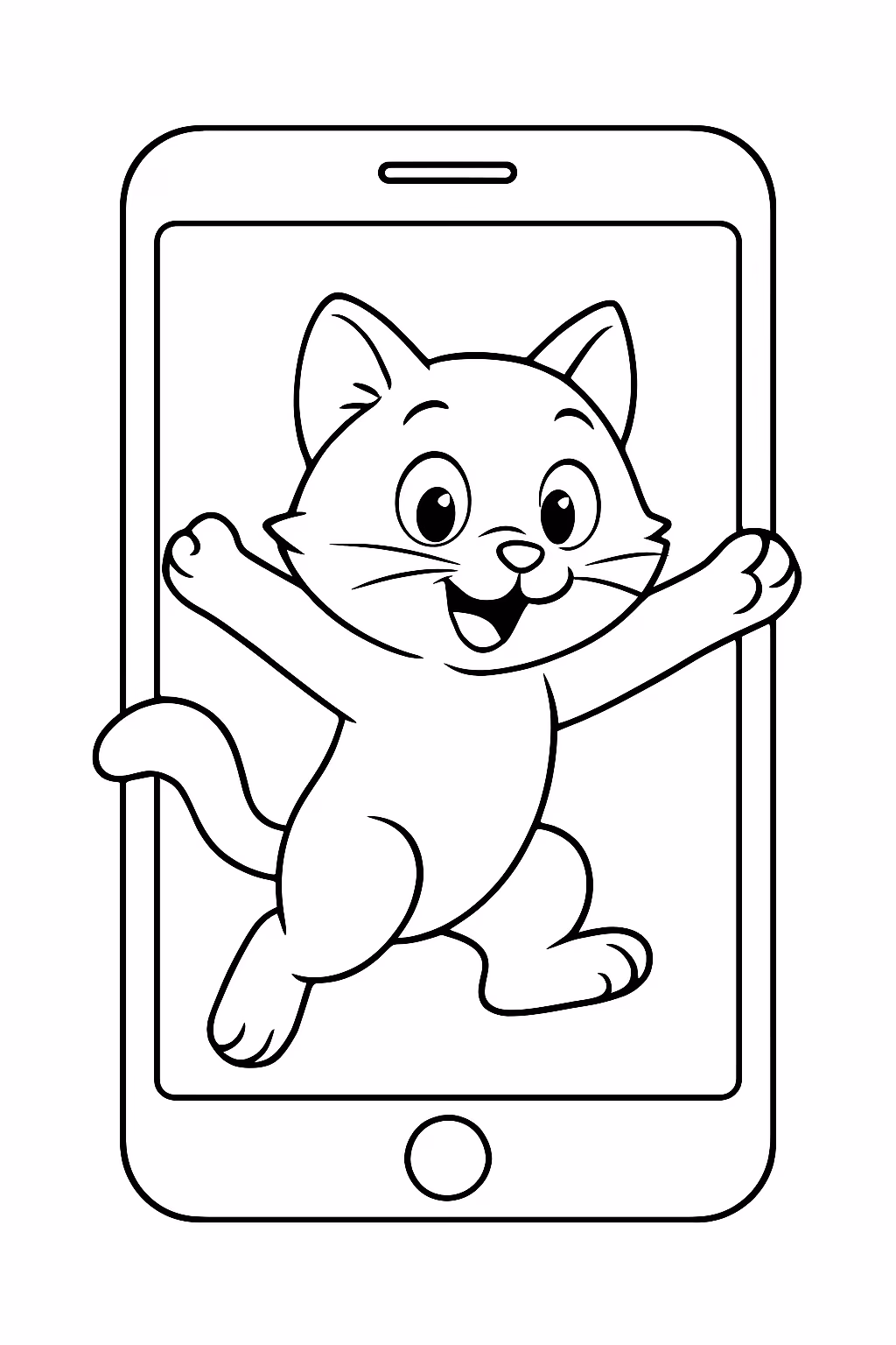 Celular com gato saltando para colorir — desenho para imprimir