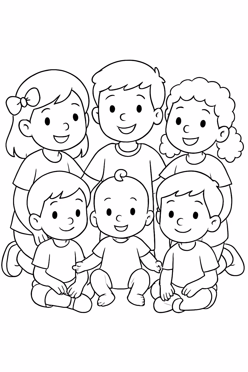Cinco criancas e um bebe para colorir — desenho para imprimir