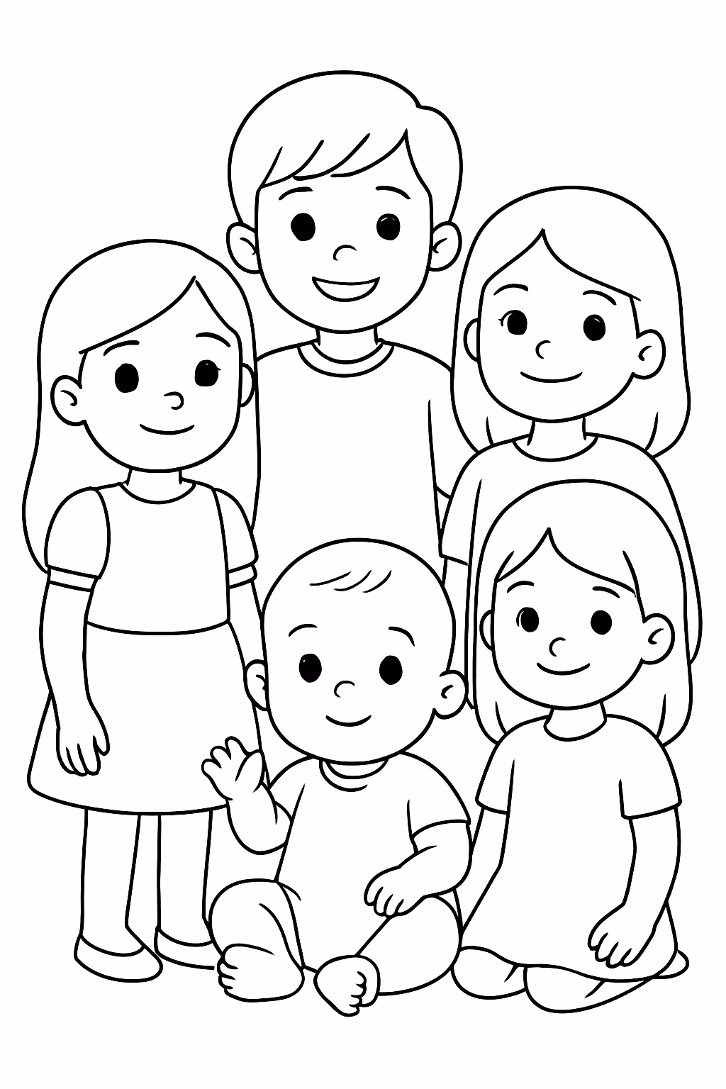Cinco criancas e um bebe todos lindos e estilosos cabelo para colorir — desenho para imprimir