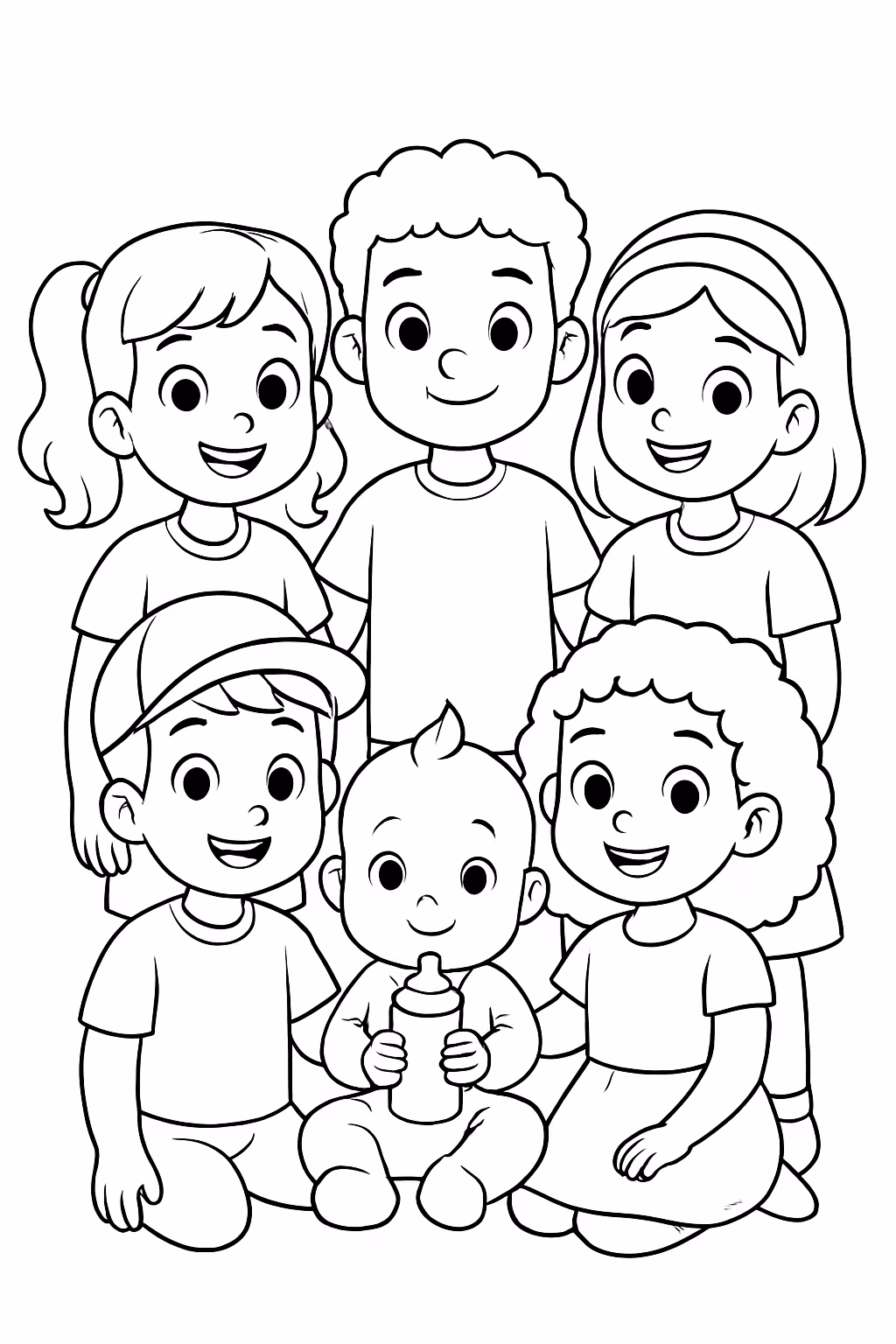 Cinco criancas e um bebe todos lindos e estilosos para colorir — desenho para imprimir