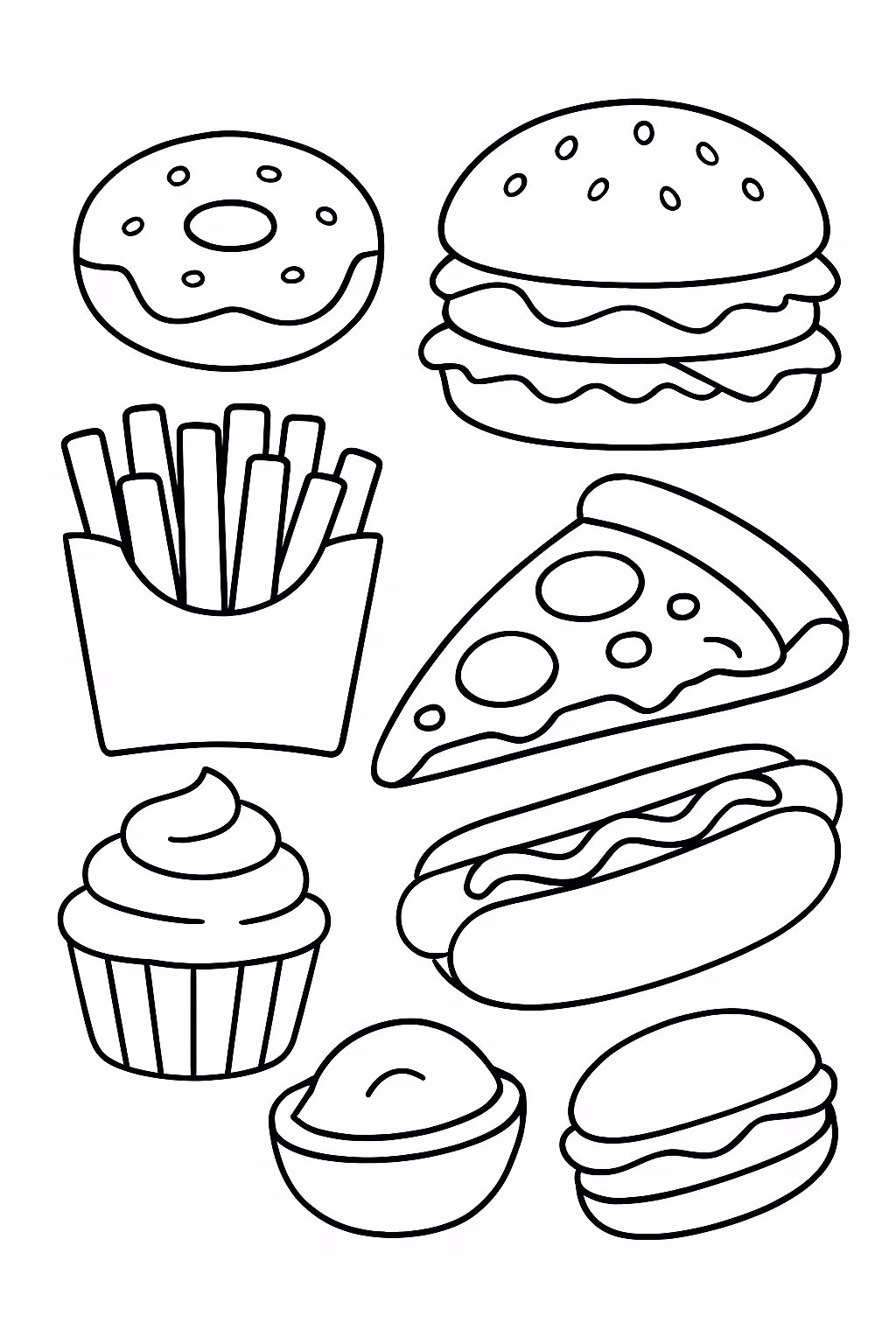 Comidinhas em miniatura para colorir — desenho para imprimir
