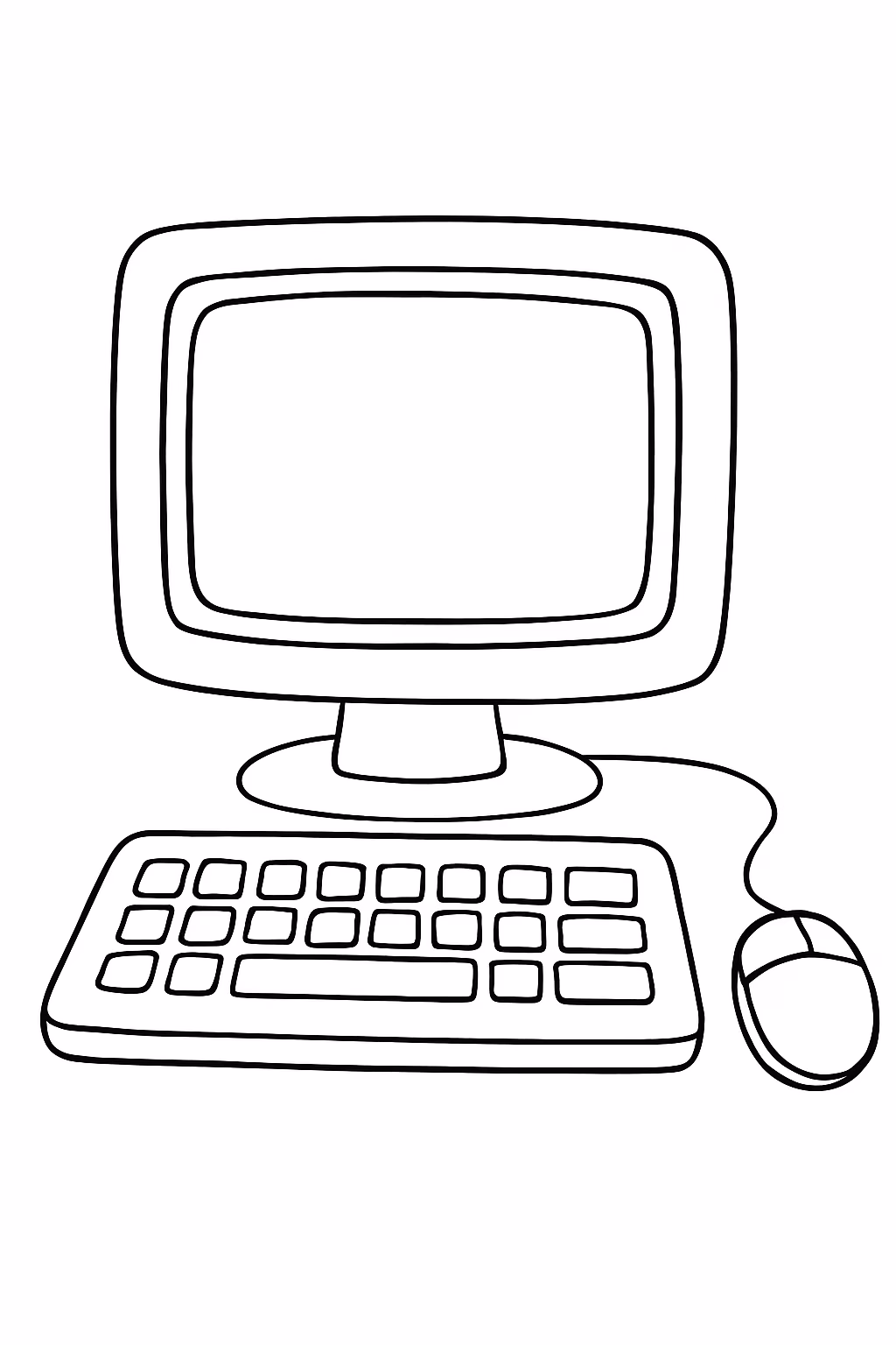 Computador de mesa com mouse e teclado para colorir — desenho para imprimir