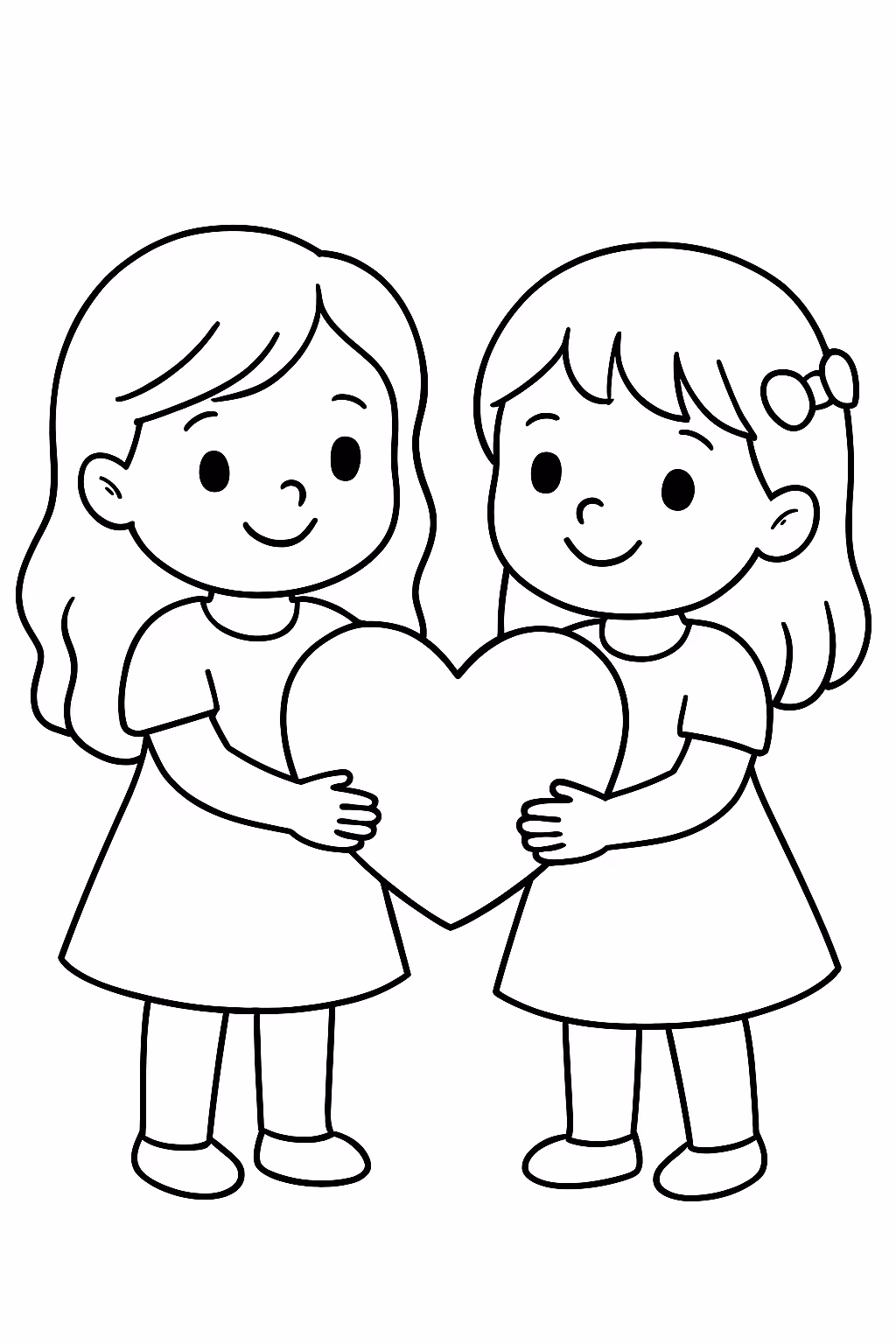 Coracao a ser agarrado por duas meninas muito fofo parecidas para colorir — desenho para imprimir