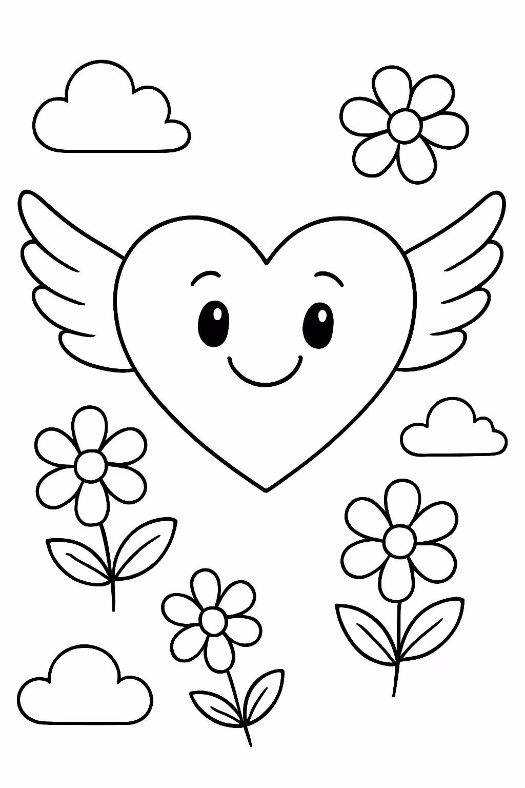 Coracao feliz com flores e asas voando pelo ceu para colorir — desenho para imprimir
