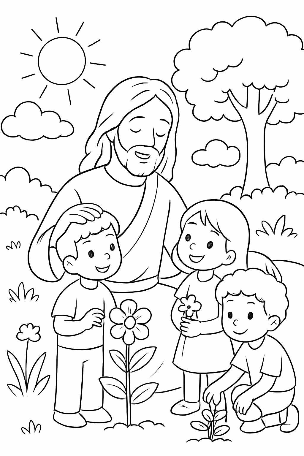 Criancas e a natureza cuidada por jesus para colorir — desenho para imprimir