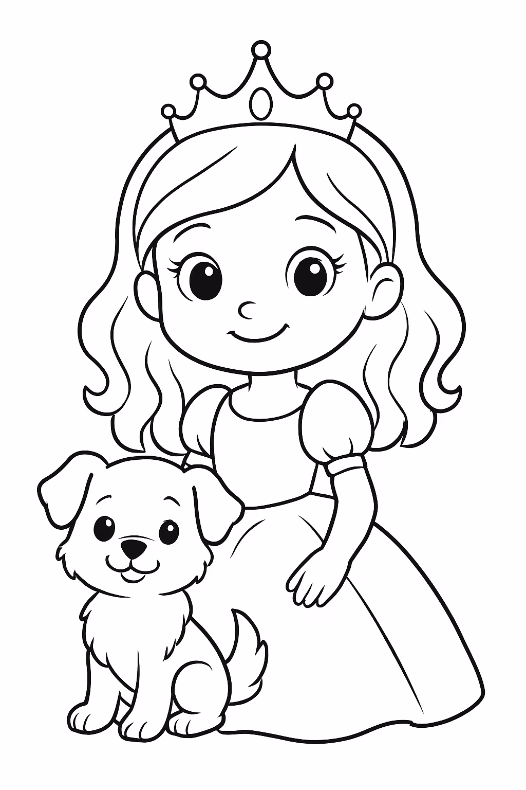 Criar uma princesa pequena com um cachorro pequeno para colorir — desenho para imprimir
