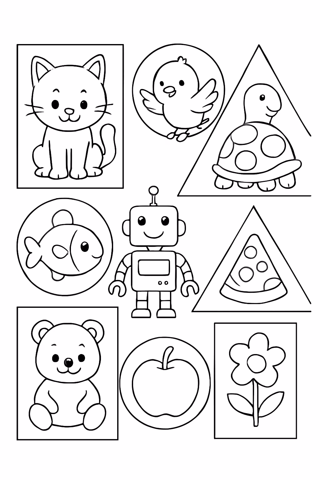 Crie uma atividade sobre formas geometrica com animais objetos e para colorir — desenho para imprimir