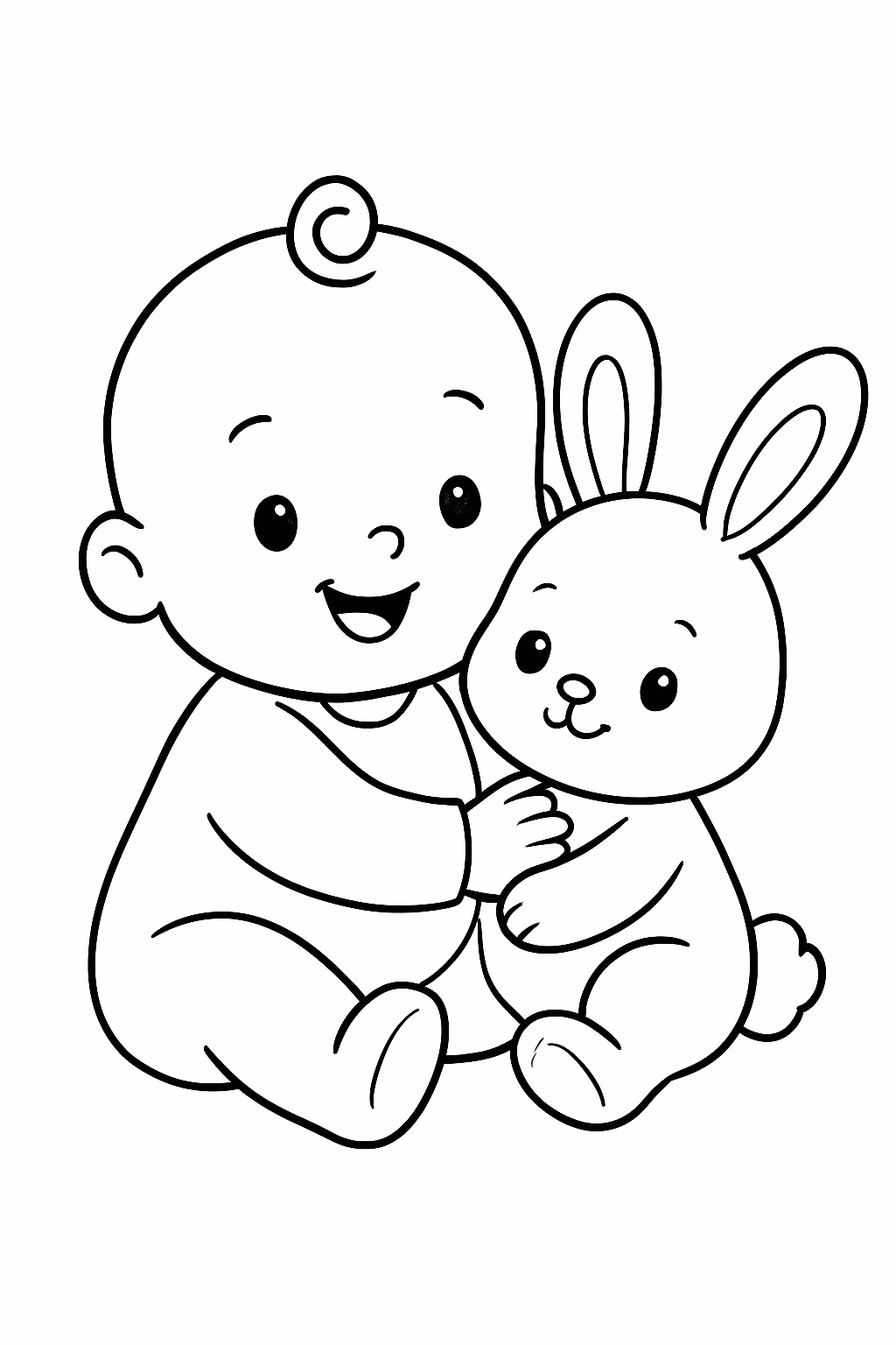 De um bebe bem fofinho com um coelhinho para colorir — desenho para imprimir