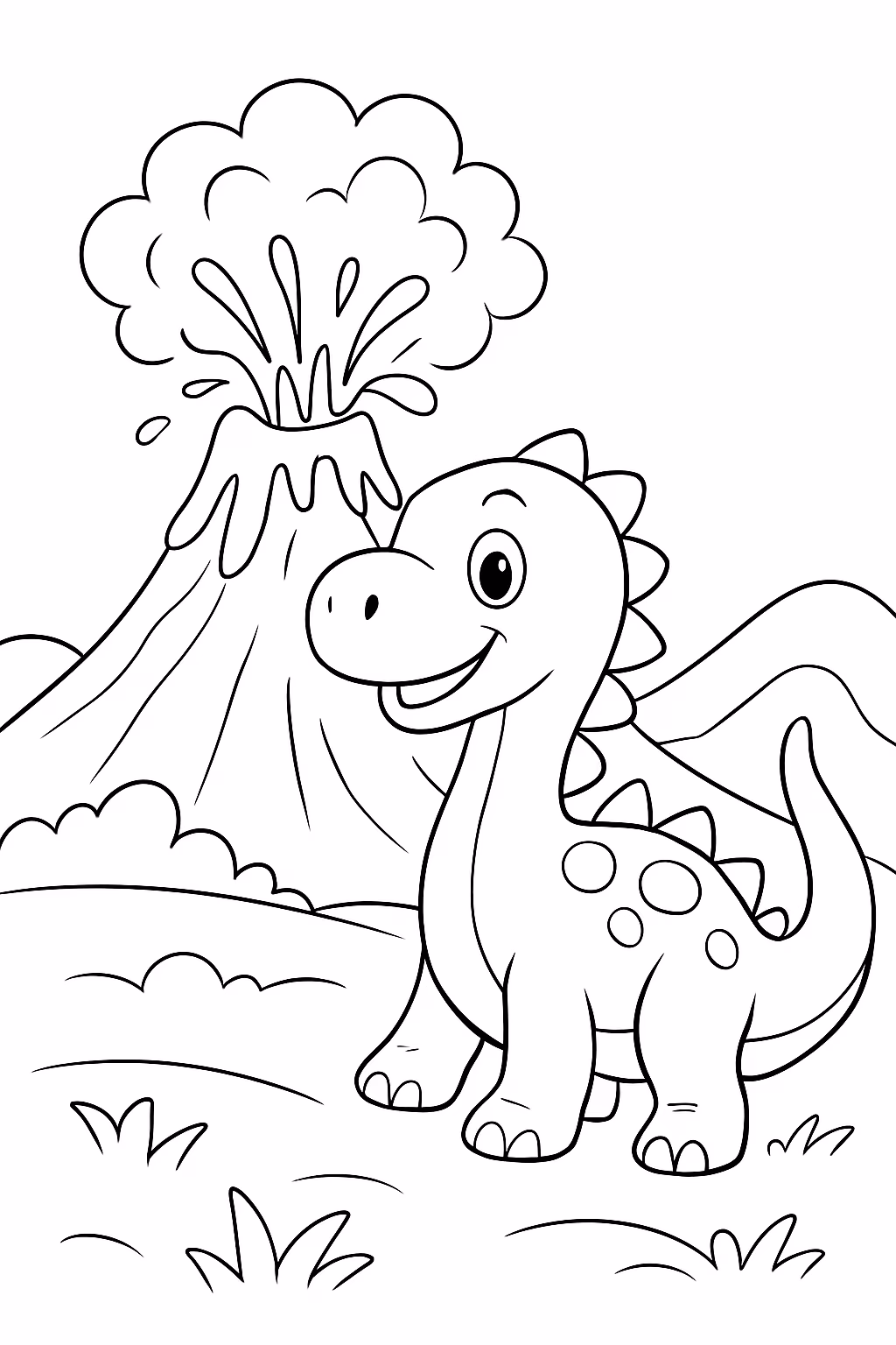 Dinossauro com um vulcao de lava para colorir — desenho para imprimir