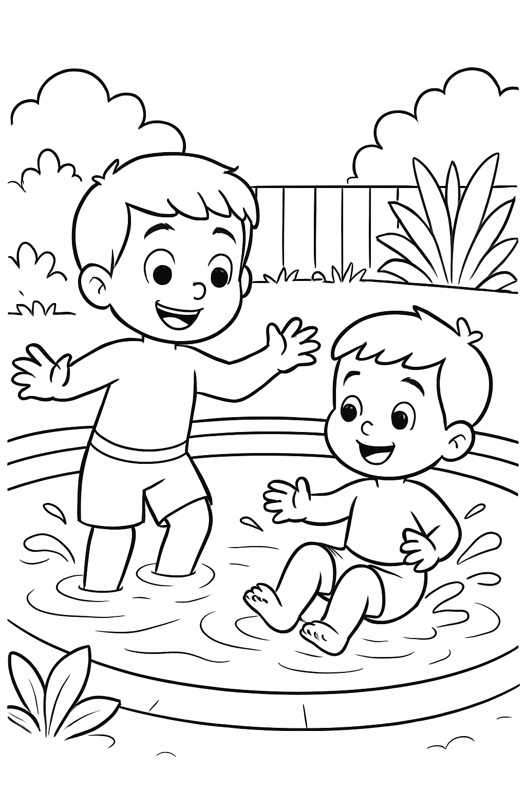 Dois meninos um de anos um de anos a brincar para colorir — desenho para imprimir