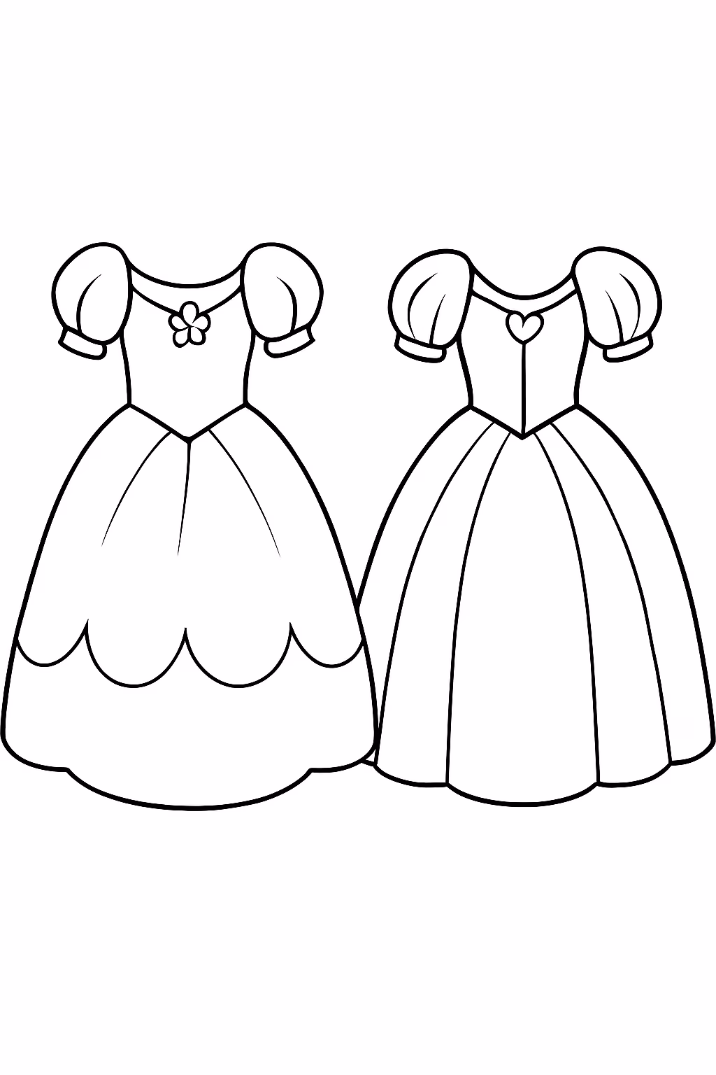 Dois vestidos de princesa para colorir — desenho para imprimir