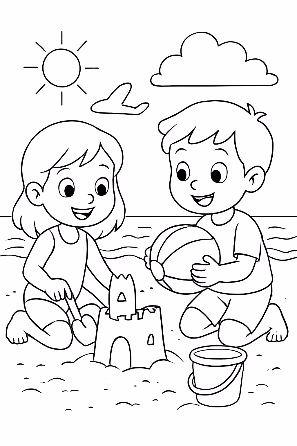 Duas criancas na praia para colorir — desenho para imprimir