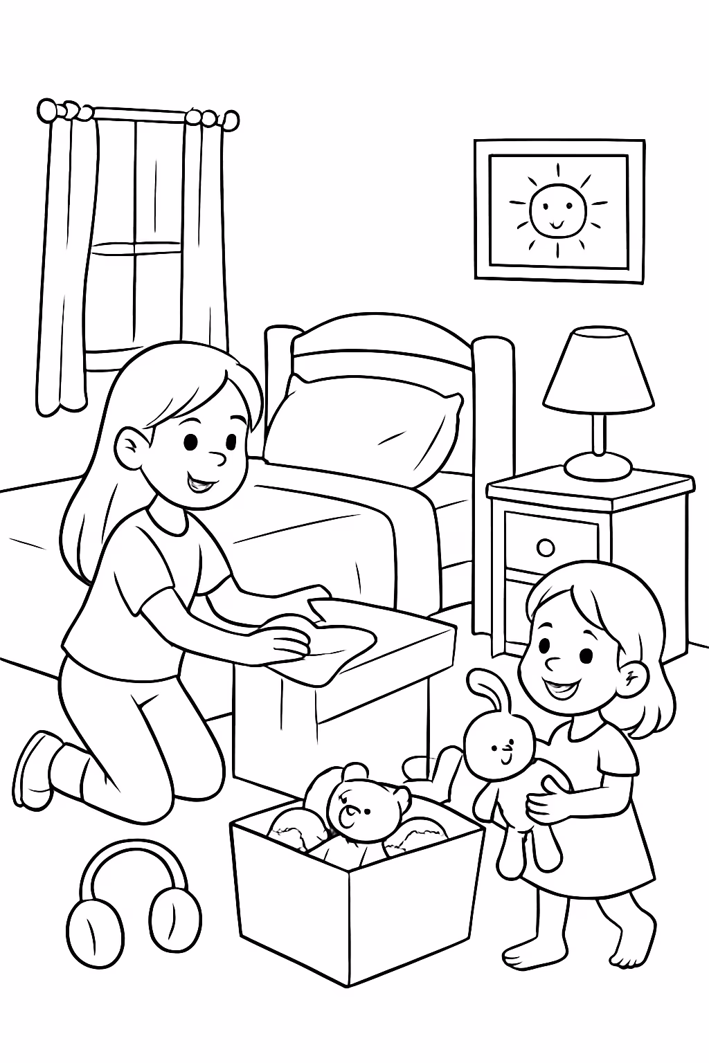 Duas irmas brincando e organizando o quarto para colorir — desenho para imprimir