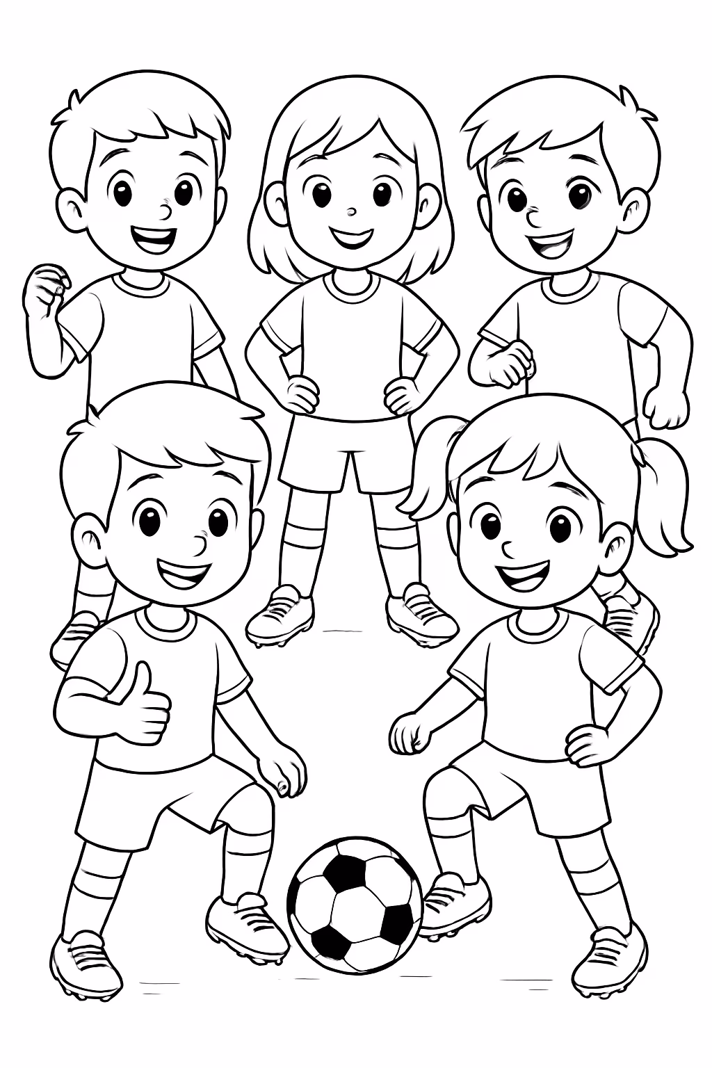 Duas meninas e tres meninos com a pose de futebol para colorir — desenho para imprimir