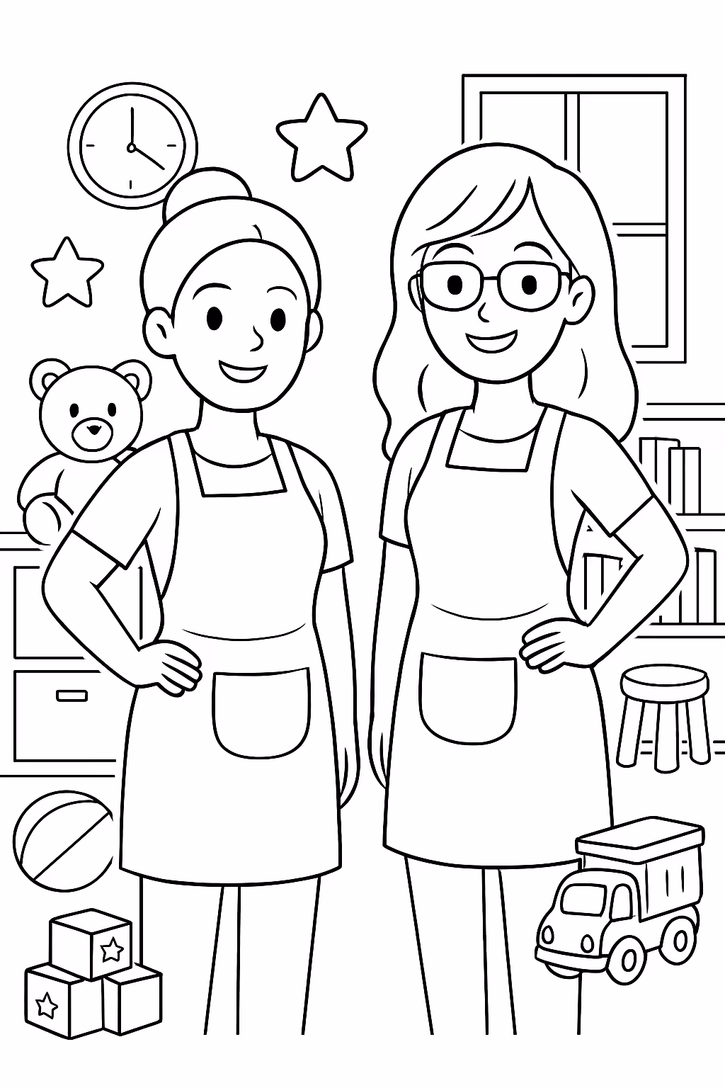 Duas mulheres com avental uma de cabelo preso e outra para colorir — desenho para imprimir