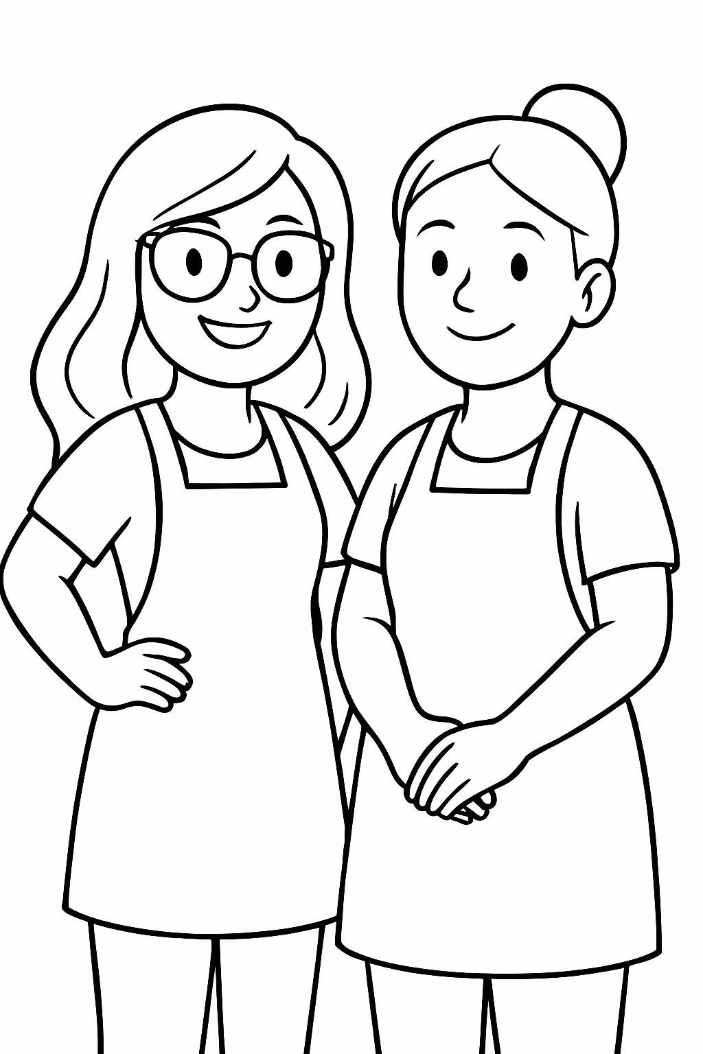 Duas tias uma de oculos e cabelo solto com avental para colorir — desenho para imprimir