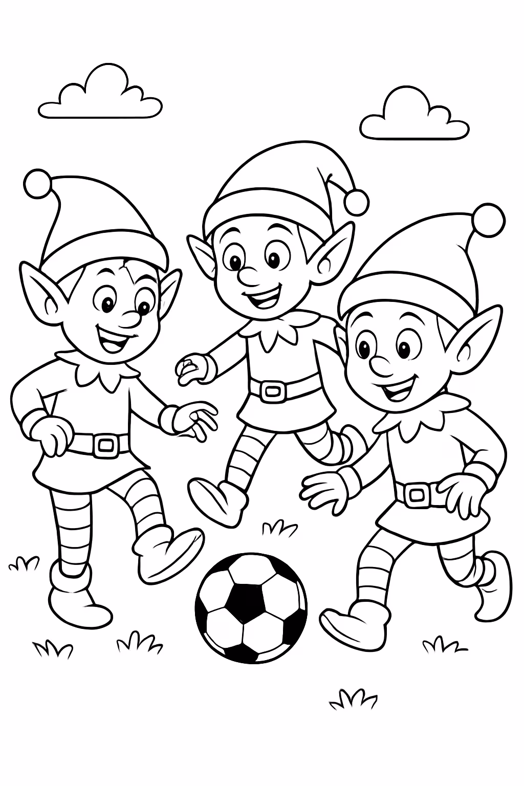 Elfos jogando futebol para colorir — desenho para imprimir