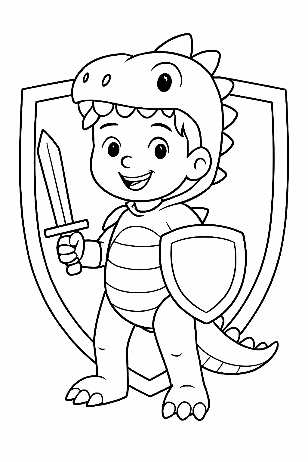 Escudo do vitoria de dinossauro e um menino para colorir — desenho para imprimir