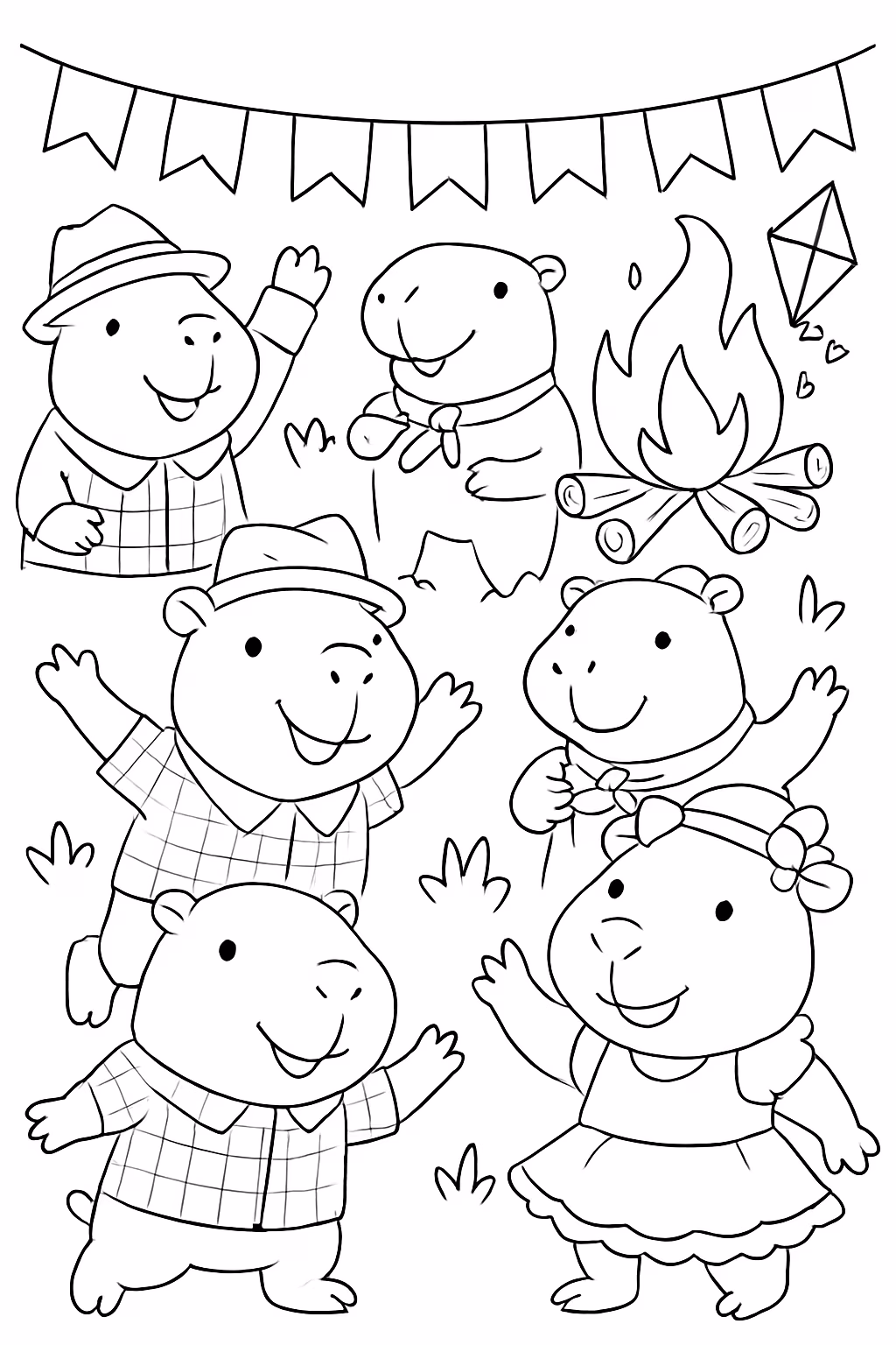 Eu quero muitas capivaras em uma festa junina para colorir — desenho para imprimir