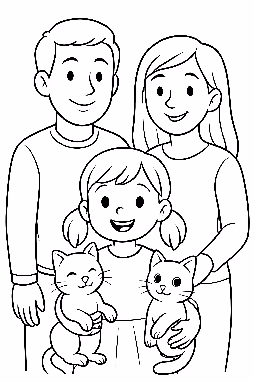 Familia com menina de anos pai mae e duas gatinhas para colorir — desenho para imprimir