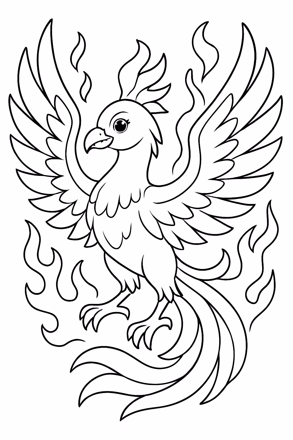 Fenix adulta com asas de chamas para colorir — desenho para imprimir