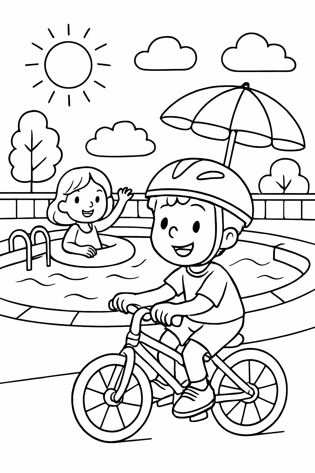 Ferias de verao na piscina e andar de bicicleta para colorir — desenho para imprimir