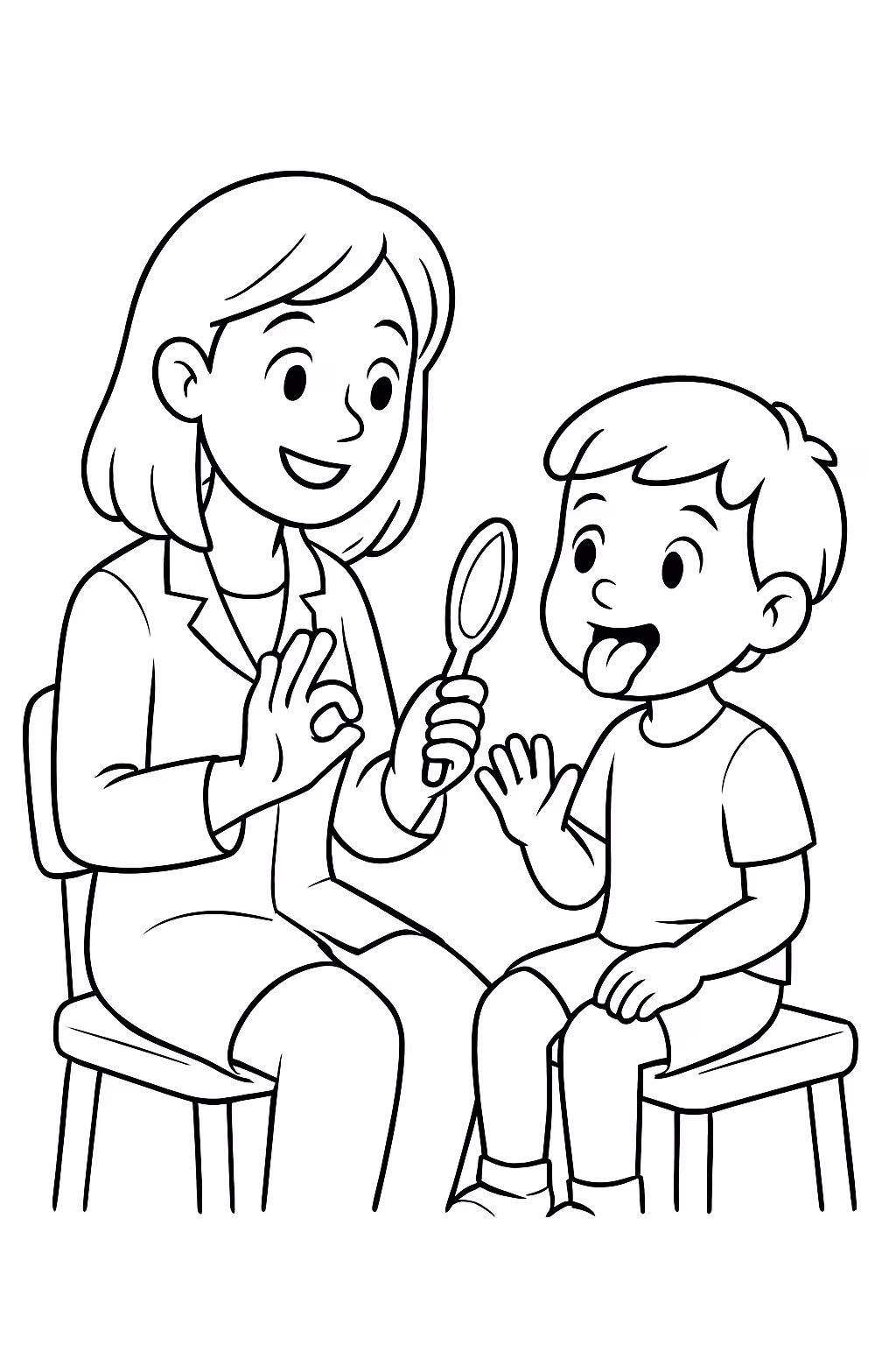 Fonoaudiologa brincando com paciente crianca para colorir — desenho para imprimir