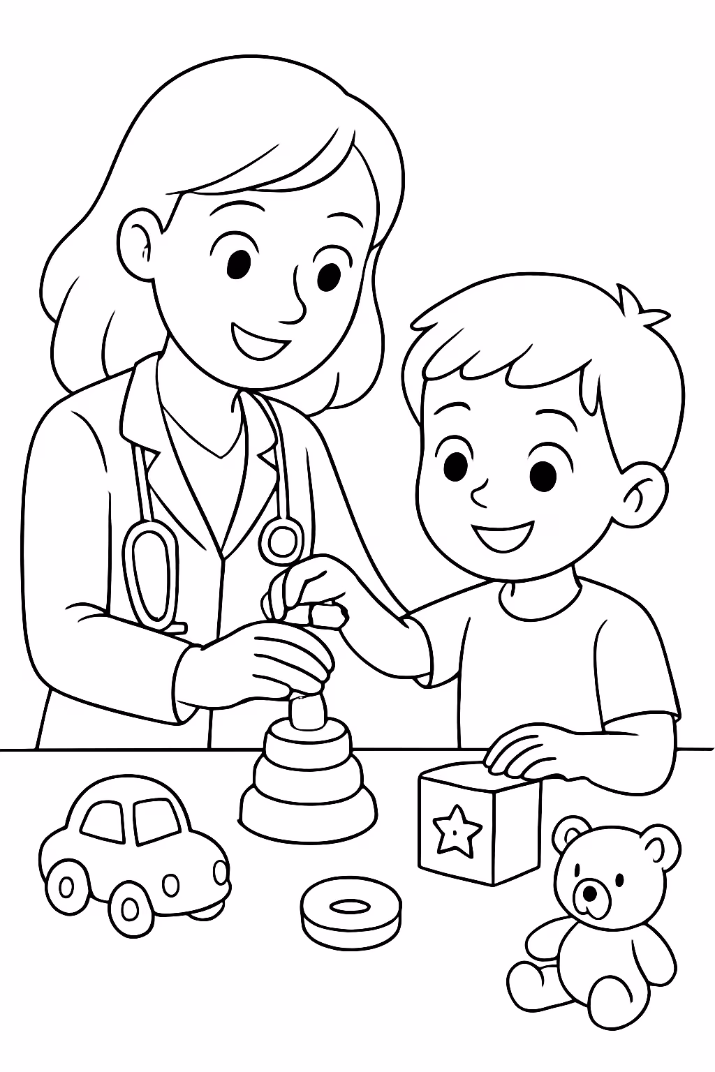 Fonoaudiologa encaixando brinquedos com paciente crianca para colorir — desenho para imprimir