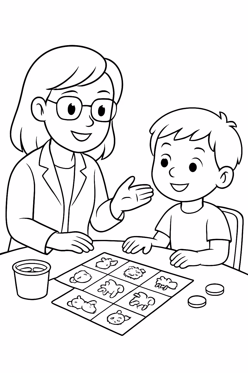 Fonoaudiologa jogando bingo dos animais com paciente crianca para colorir — desenho para imprimir