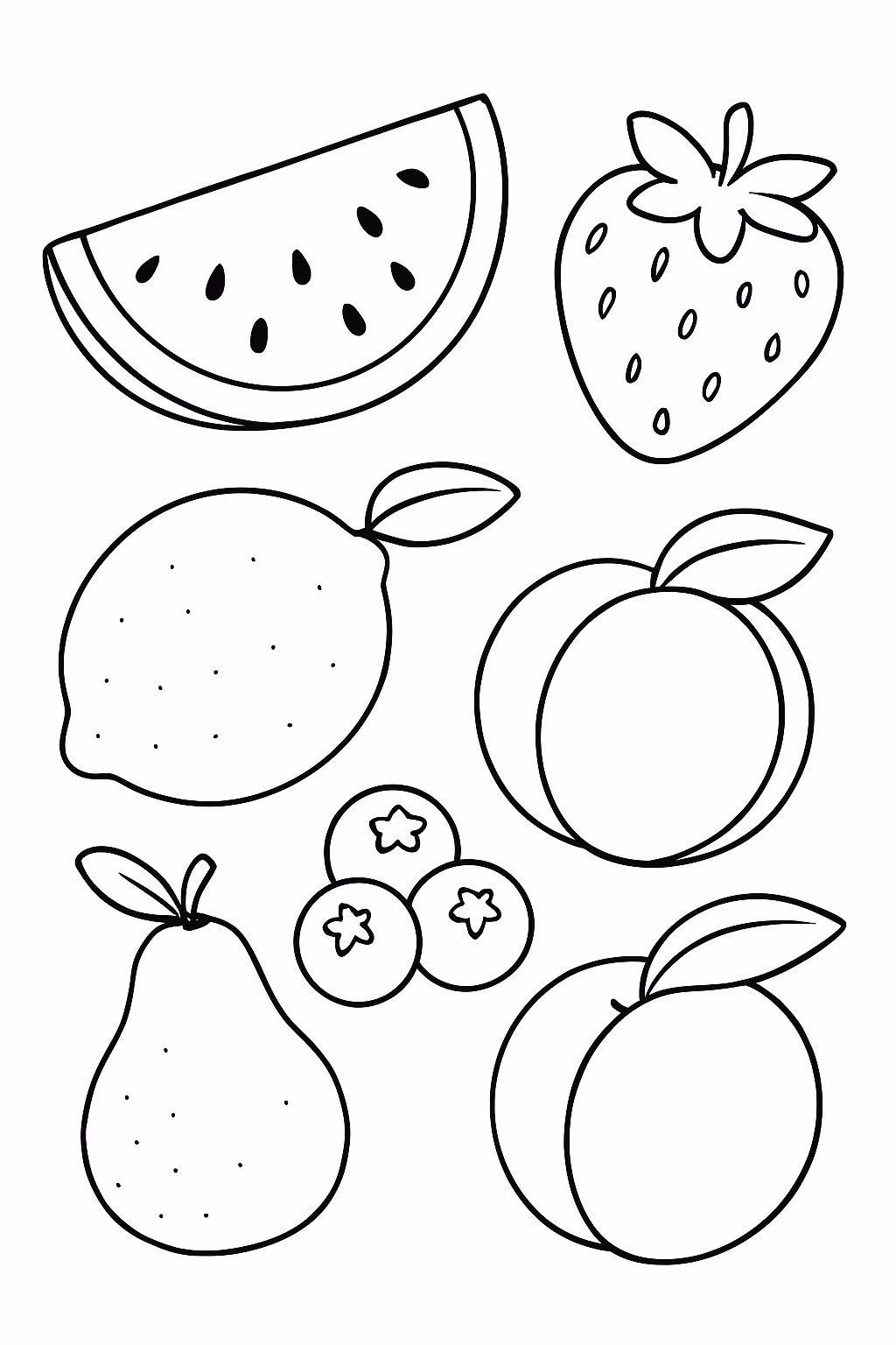 Frutas mertilo melancia morango limao pessego tudo pequeno em uma para colorir — desenho para imprimir