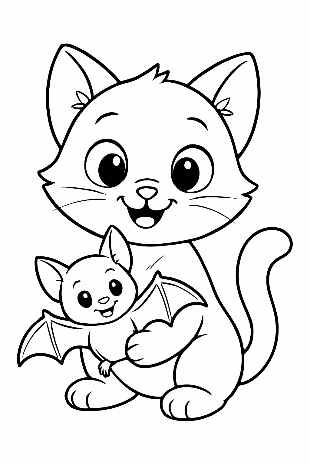 Gatinho bonitinho com morcego para colorir — desenho para imprimir