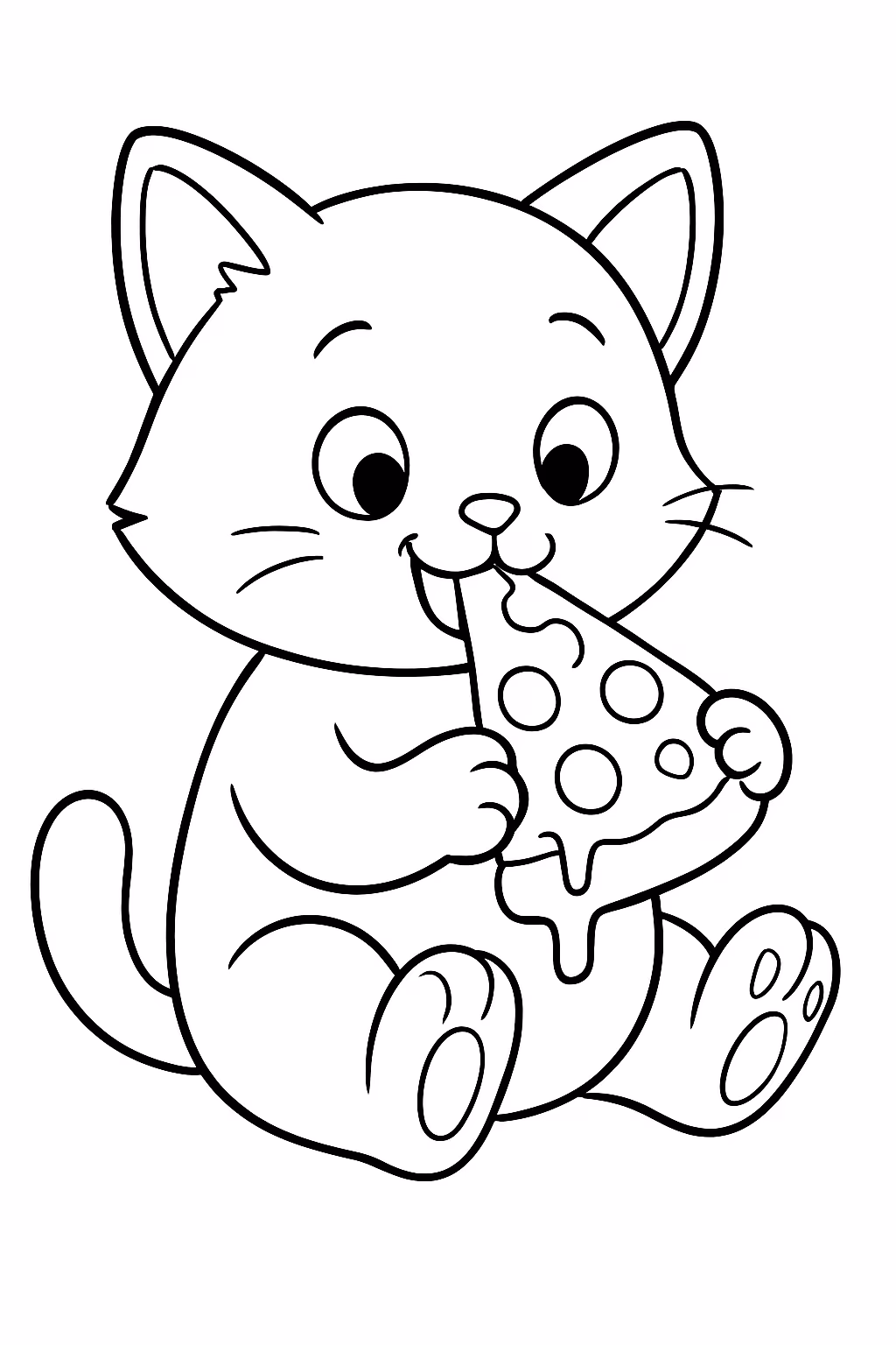 Gatinho comendo pizza para colorir — desenho para imprimir