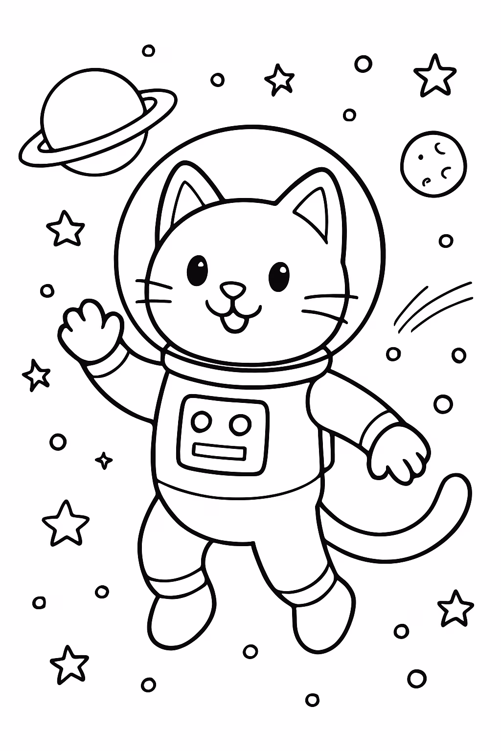 Gato astronauta no espaco para colorir — desenho para imprimir