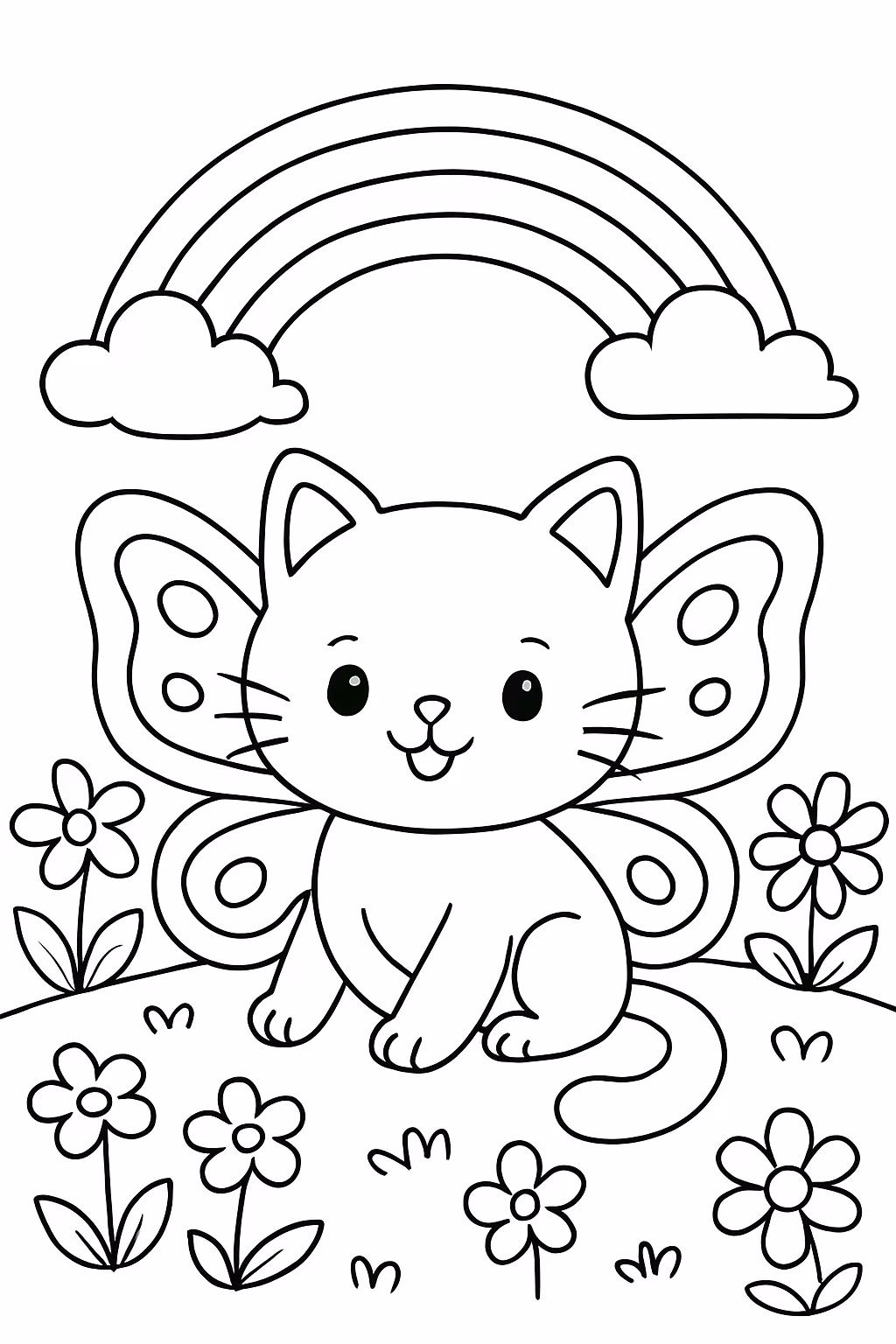 Gato borboleta brincando no jardim de flores e arco iris para colorir — desenho para imprimir