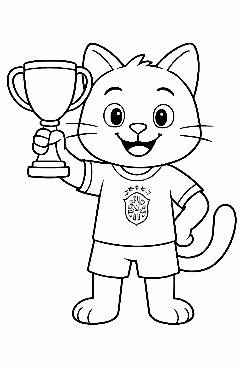 Gato com camisa da selecao do brasil segurando taca na para colorir — desenho para imprimir
