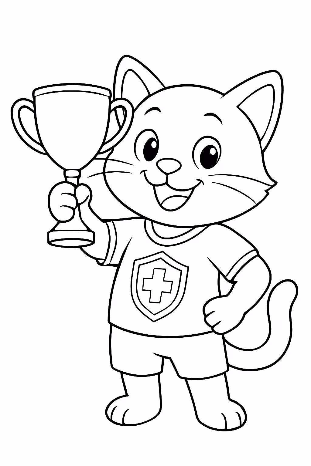 Gato com camisa do brasil segurando taca na mao sorrindo para colorir — desenho para imprimir