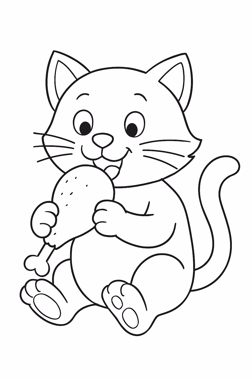 Gato comendo frango para colorir — desenho para imprimir