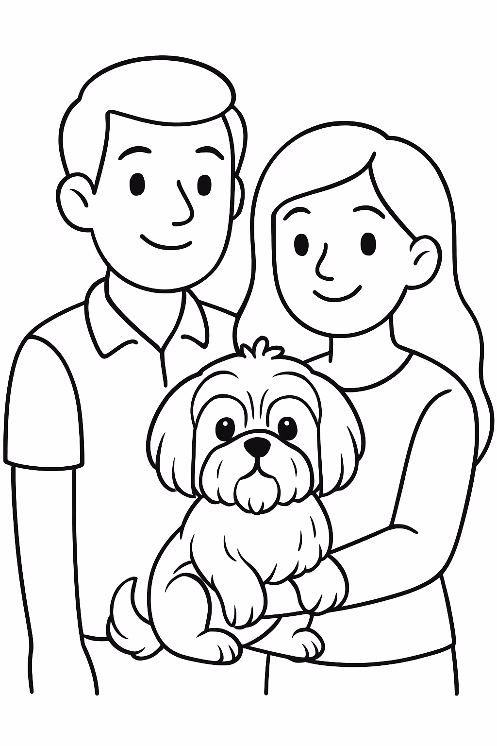 Homem mulher e shitsu para colorir — desenho para imprimir