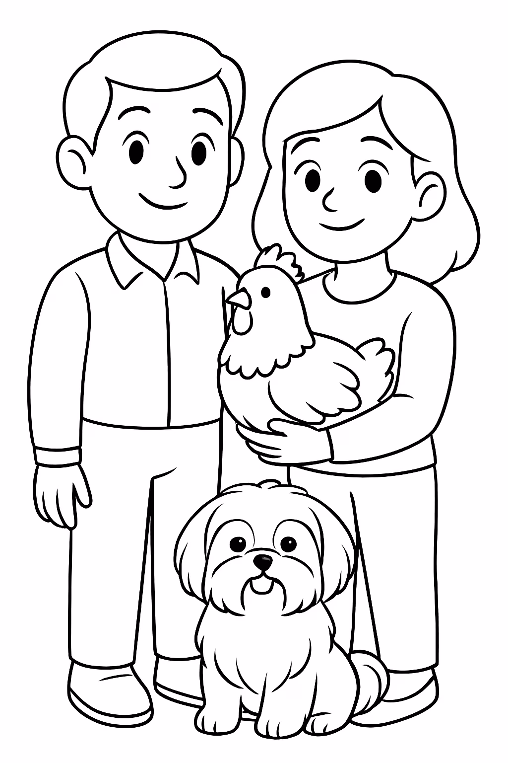 Homem mulher galinha sedosa e shitsu para colorir — desenho para imprimir
