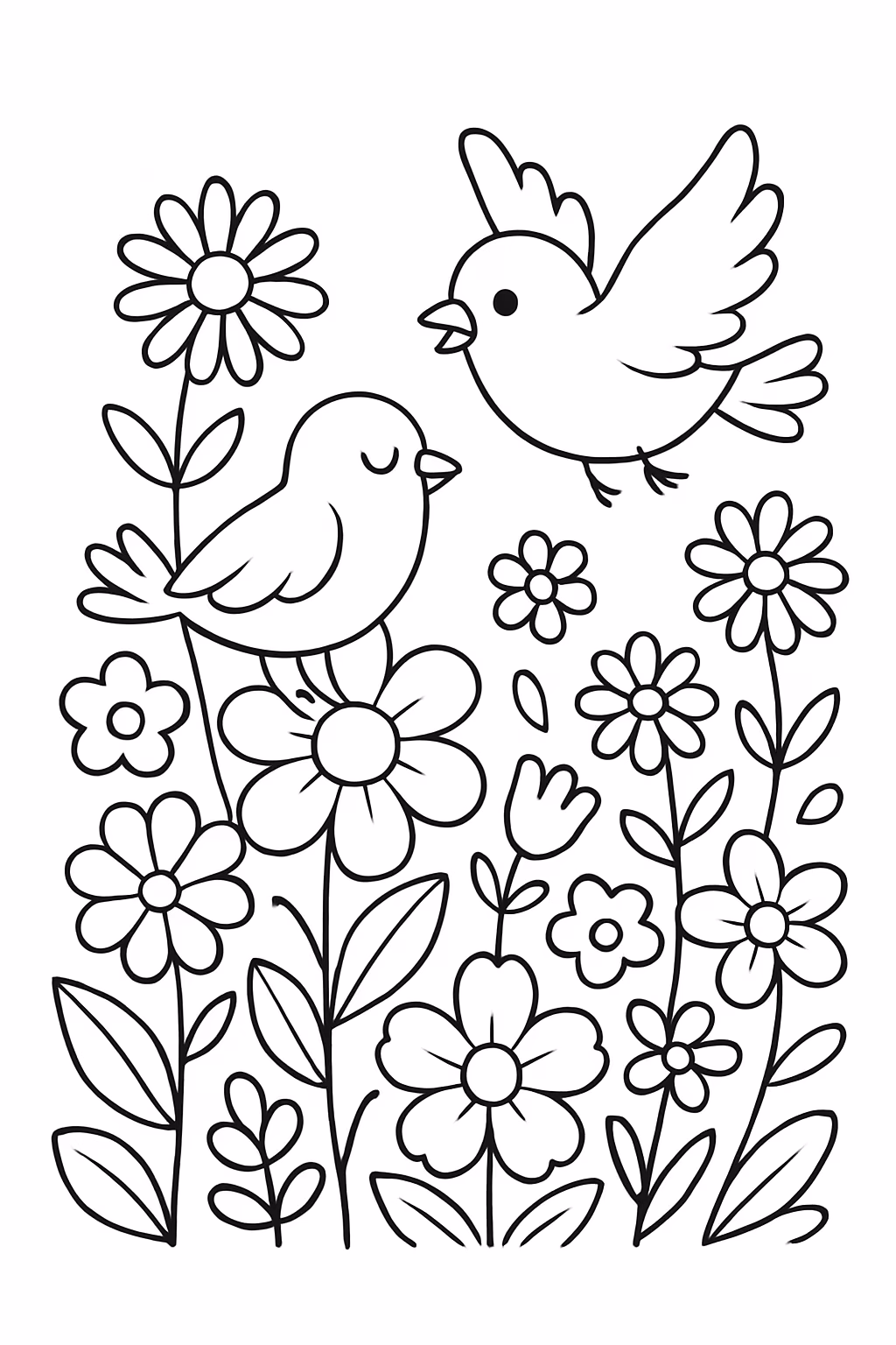 Jardim com flores e passaros para colorir — desenho para imprimir