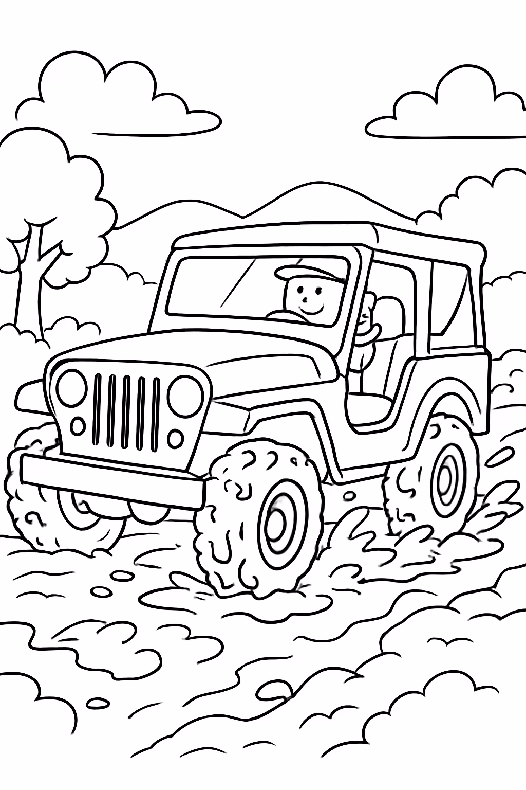 Jeep willys na trilha cheio de lama para colorir — desenho para imprimir
