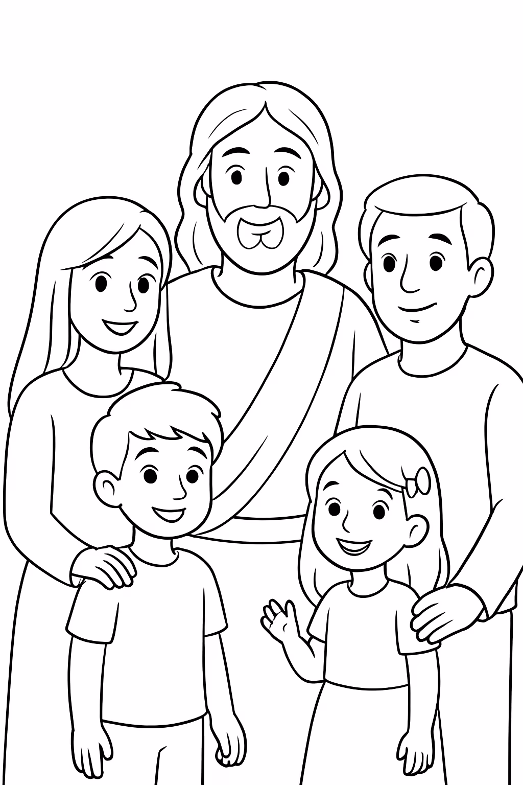 Jesus com familia pessoas adultos adoslecente criancas pequena para colorir — desenho para imprimir