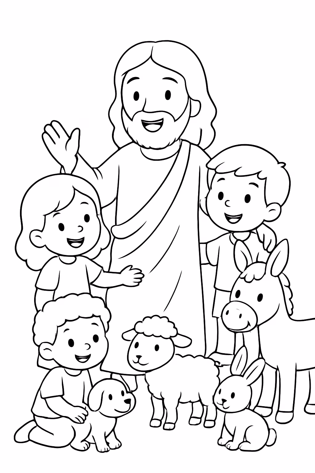 Jesus criancas e animais para colorir — desenho para imprimir
