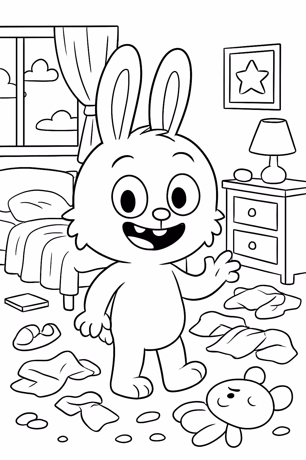Labubu com o quarto baguncado para colorir — desenho para imprimir