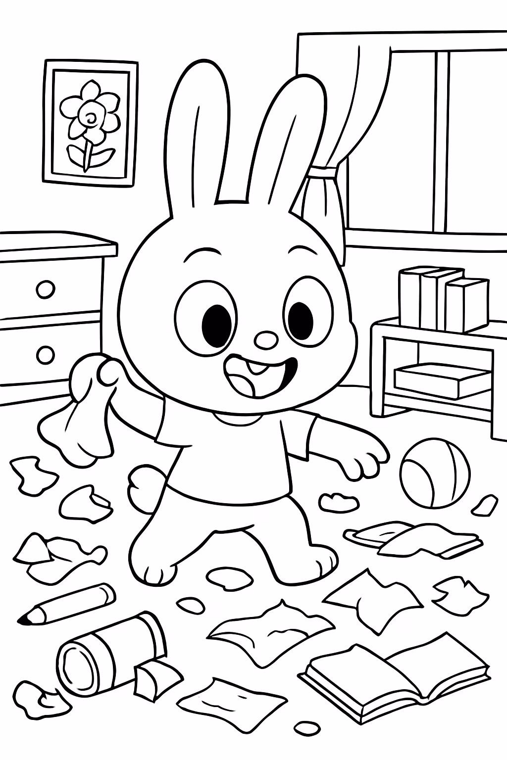 Labubu fazendo muita bagunca para colorir — desenho para imprimir