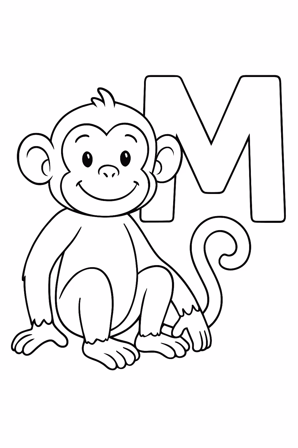 Letra m com um monkey e as letras pintar e para colorir — desenho para imprimir